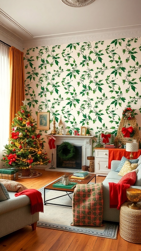 Mistletoe Christmas Wallpaper Design Living room with mistletoe wallpaper, Christmas tree, and festive decorations.
